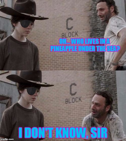 Rick and Carl Eyepatch | OH... WHO LIVES IN A PINEAPPLE UNDER THE SEA? I DON'T KNOW, SIR | image tagged in rick and carl eyepatch | made w/ Imgflip meme maker