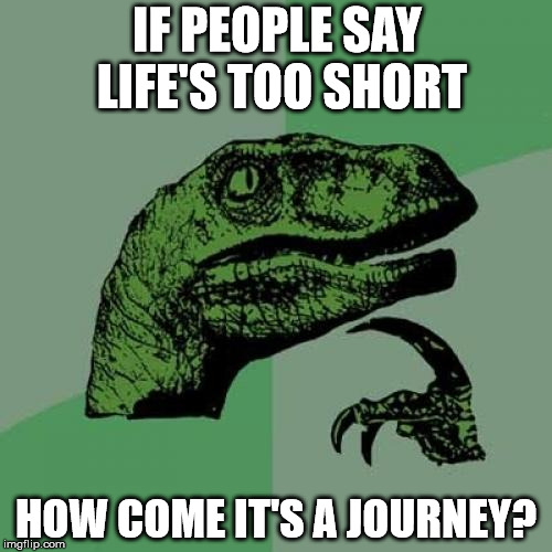 Philosoraptor | IF PEOPLE SAY LIFE'S TOO SHORT; HOW COME IT'S A JOURNEY? | image tagged in memes,philosoraptor | made w/ Imgflip meme maker