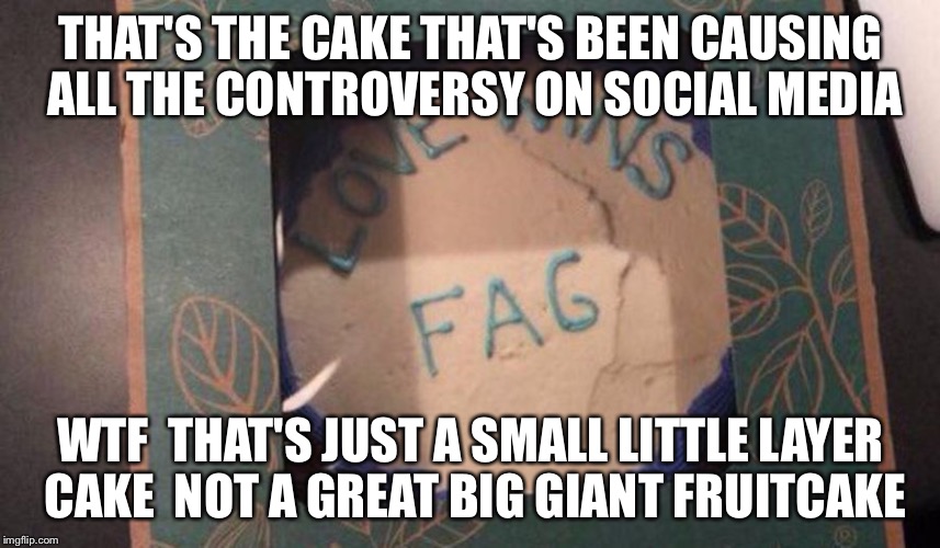 That's The Icing On The Cake  | THAT'S THE CAKE THAT'S BEEN CAUSING ALL THE CONTROVERSY ON SOCIAL MEDIA; WTF  THAT'S JUST A SMALL LITTLE LAYER CAKE  NOT A GREAT BIG GIANT FRUITCAKE | image tagged in cake,fag,lawsuit,love wins,political meme,lgbt | made w/ Imgflip meme maker
