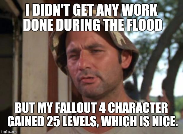 So I Got That Goin For Me Which Is Nice Meme | I DIDN'T GET ANY WORK DONE DURING THE FLOOD; BUT MY FALLOUT 4 CHARACTER GAINED 25 LEVELS, WHICH IS NICE. | image tagged in memes,so i got that goin for me which is nice,AdviceAnimals | made w/ Imgflip meme maker