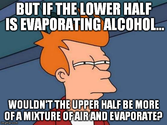 Futurama Fry Meme | BUT IF THE LOWER HALF IS EVAPORATING ALCOHOL... WOULDN'T THE UPPER HALF BE MORE OF A MIXTURE OF AIR AND EVAPORATE? | image tagged in memes,futurama fry | made w/ Imgflip meme maker