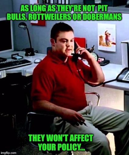 AS LONG AS THEY'RE NOT  PIT BULLS, ROTTWEILERS OR DOBERMANS THEY WON'T AFFECT YOUR POLICY... | made w/ Imgflip meme maker