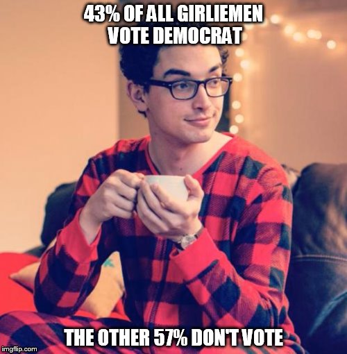 Pajama Boy | 43% OF ALL GIRLIEMEN VOTE DEMOCRAT; THE OTHER 57% DON'T VOTE | image tagged in pajama boy | made w/ Imgflip meme maker