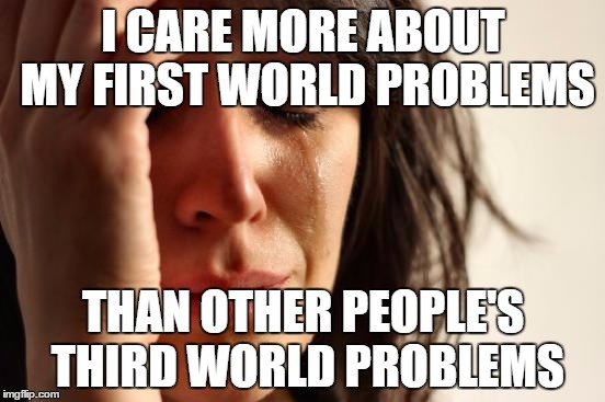 i took a second look at my life and realized | I CARE MORE ABOUT MY FIRST WORLD PROBLEMS; THAN OTHER PEOPLE'S THIRD WORLD PROBLEMS | image tagged in memes,first world problems,bad pun,third world skeptical kid,bad luck brian | made w/ Imgflip meme maker