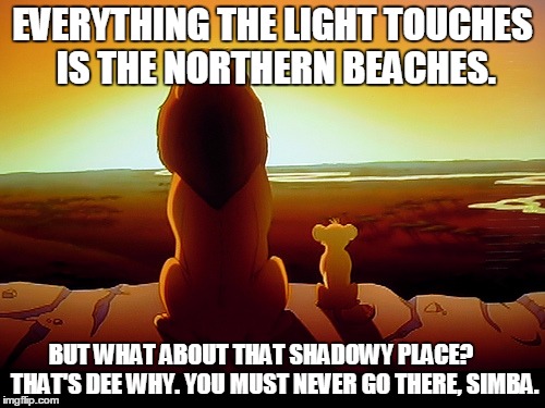 Lion King Meme | EVERYTHING THE LIGHT TOUCHES IS THE NORTHERN BEACHES. BUT WHAT ABOUT THAT SHADOWY PLACE?      THAT'S DEE WHY. YOU MUST NEVER GO THERE, SIMBA. | image tagged in memes,lion king | made w/ Imgflip meme maker