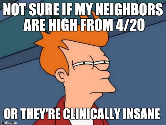 Futurama Fry | NOT SURE IF MY NEIGHBORS ARE HIGH FROM 4/20; OR THEY'RE CLINICALLY INSANE | image tagged in memes,futurama fry | made w/ Imgflip meme maker