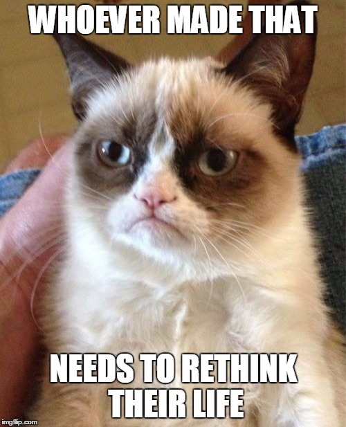 Go rethink your life | WHOEVER MADE THAT; NEEDS TO RETHINK THEIR LIFE | image tagged in memes,grumpy cat,rethink their life,rethink your life | made w/ Imgflip meme maker