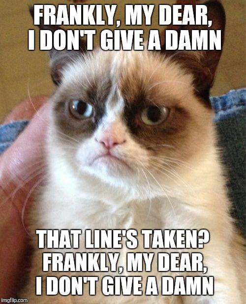 Frankly | FRANKLY, MY DEAR, I DON'T GIVE A DAMN; THAT LINE'S TAKEN? FRANKLY, MY DEAR, I DON'T GIVE A DAMN | image tagged in memes,grumpy cat | made w/ Imgflip meme maker