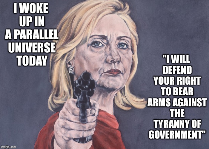 "I WILL DEFEND YOUR RIGHT TO BEAR ARMS AGAINST THE TYRANNY OF GOVERNMENT"; I WOKE UP IN A PARALLEL UNIVERSE TODAY | image tagged in hitlery clinton | made w/ Imgflip meme maker