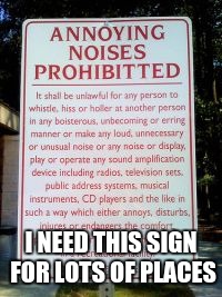 I NEED THIS SIGN FOR LOTS OF PLACES | image tagged in funny sign,annoying,annoying noises | made w/ Imgflip meme maker