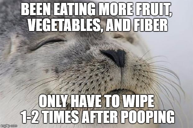 Satisfied Seal | BEEN EATING MORE FRUIT, VEGETABLES, AND FIBER; ONLY HAVE TO WIPE 1-2 TIMES AFTER POOPING | image tagged in memes,satisfied seal | made w/ Imgflip meme maker