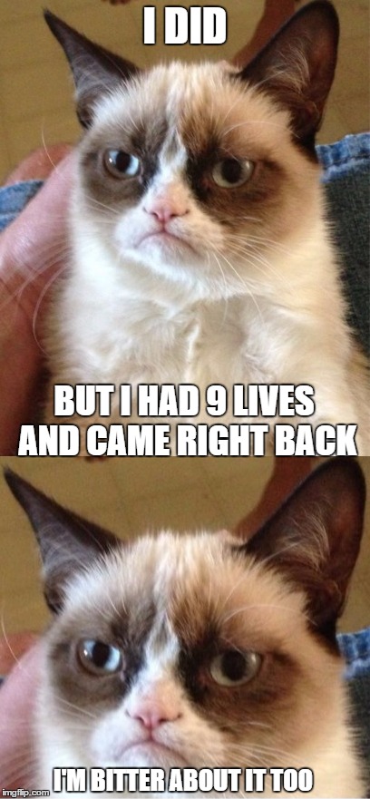I DID BUT I HAD 9 LIVES AND CAME RIGHT BACK I'M BITTER ABOUT IT TOO | made w/ Imgflip meme maker
