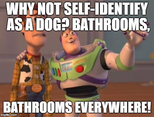 X, X Everywhere Meme | WHY NOT SELF-IDENTIFY AS A DOG? BATHROOMS, BATHROOMS EVERYWHERE! | image tagged in memes,x x everywhere | made w/ Imgflip meme maker