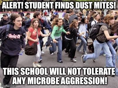 Running Students |  ALERT! STUDENT FINDS DUST MITES! THIS SCHOOL WILL NOT TOLERATE ANY MICROBE AGGRESSION! | image tagged in running students | made w/ Imgflip meme maker