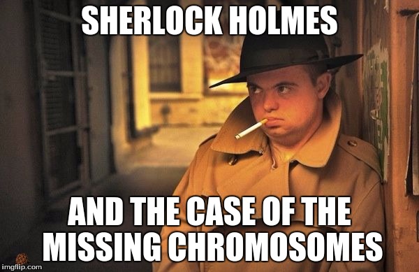 SHERLOCK HOLMES; AND THE CASE OF THE MISSING CHROMOSOMES | image tagged in down syndrome | made w/ Imgflip meme maker