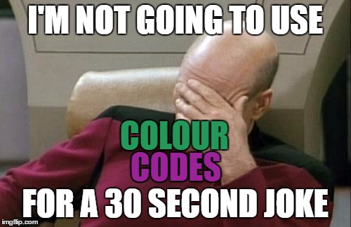 Captain Picard Facepalm Meme | I'M NOT GOING TO USE FOR A 30 SECOND JOKE COLOUR CODES | image tagged in memes,captain picard facepalm | made w/ Imgflip meme maker