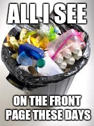 trash | ALL I SEE; ON THE FRONT PAGE THESE DAYS | image tagged in trash | made w/ Imgflip meme maker