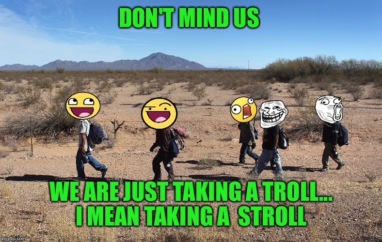 Meme-igrants Crossing The Border | DON'T MIND US; WE ARE JUST TAKING A TROLL... I MEAN TAKING A  STROLL | image tagged in meme-igrants crossing the border | made w/ Imgflip meme maker