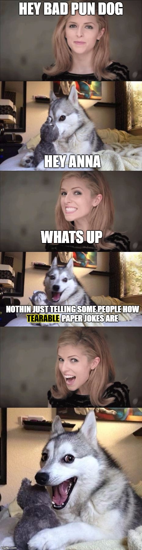 Anna and Bad Pun Dog Work Together | HEY BAD PUN DOG; HEY ANNA; WHATS UP; NOTHIN JUST TELLING SOME PEOPLE HOW                       PAPER JOKES ARE; TEARABLE | image tagged in anna and bad pun dog work together | made w/ Imgflip meme maker