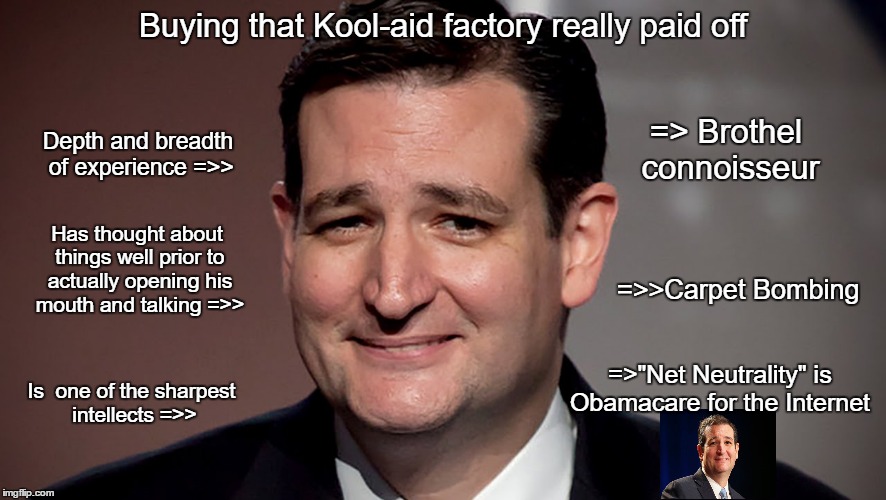 Buying that Kool-aid factory really paid off; => Brothel connoisseur; Depth and breadth of experience =>>; Has thought about things well prior to actually opening his mouth and talking =>>; =>>Carpet Bombing; =>"Net Neutrality" is Obamacare for the Internet; Is  one of the sharpest intellects =>> | image tagged in ted cruz | made w/ Imgflip meme maker