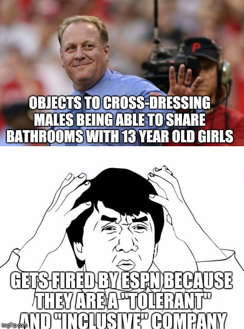 We're tolerant, if you think, act, and speak exactly how we tell you |  OBJECTS TO CROSS-DRESSING MALES BEING ABLE TO SHARE BATHROOMS WITH 13 YEAR OLD GIRLS; GETS FIRED BY ESPN BECAUSE THEY ARE A "TOLERANT" AND "INCLUSIVE" COMPANY | image tagged in jackie chan wtf,curt shilling,espn | made w/ Imgflip meme maker