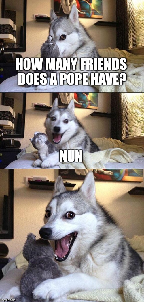 Bad Pun Dog Meme | HOW MANY FRIENDS DOES A POPE HAVE? NUN | image tagged in memes,bad pun dog | made w/ Imgflip meme maker