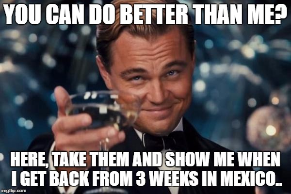 Leonardo Dicaprio Cheers Meme | YOU CAN DO BETTER THAN ME? HERE, TAKE THEM AND SHOW ME WHEN I GET BACK FROM 3 WEEKS IN MEXICO.. | image tagged in memes,leonardo dicaprio cheers | made w/ Imgflip meme maker