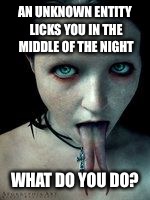  AN UNKNOWN ENTITY LICKS YOU IN THE MIDDLE OF THE NIGHT; WHAT DO YOU DO? | image tagged in ghosts,horror,paranormal,spooky | made w/ Imgflip meme maker