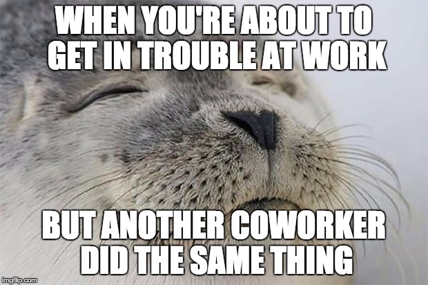 Satisfied Seal Meme | WHEN YOU'RE ABOUT TO GET IN TROUBLE AT WORK; BUT ANOTHER COWORKER DID THE SAME THING | image tagged in memes,satisfied seal,AdviceAnimals | made w/ Imgflip meme maker