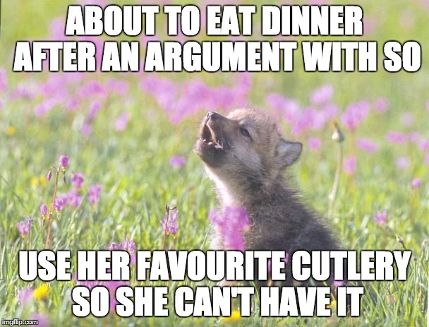 Baby Insanity Wolf Meme | ABOUT TO EAT DINNER AFTER AN ARGUMENT WITH SO; USE HER FAVOURITE CUTLERY SO SHE CAN'T HAVE IT | image tagged in memes,baby insanity wolf,AdviceAnimals | made w/ Imgflip meme maker