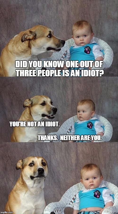 Dad Joke Dog Meme | DID YOU KNOW ONE OUT OF THREE PEOPLE IS AN IDIOT? YOU'RE NOT AN IDIOT.       




























                                                               THANKS.  NEITHER ARE YOU. | image tagged in memes,dad joke dog | made w/ Imgflip meme maker