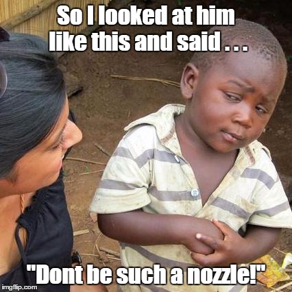 Third World Skeptical Kid | So I looked at him like this and said . . . "Dont be such a nozzle!" | image tagged in memes,third world skeptical kid | made w/ Imgflip meme maker