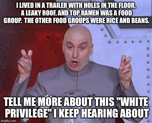 I had it so well I never even noticed. | I LIVED IN A TRAILER WITH HOLES IN THE FLOOR, A LEAKY ROOF, AND TOP RAMEN WAS A FOOD GROUP.  THE OTHER FOOD GROUPS WERE RICE AND BEANS. TELL ME MORE ABOUT THIS "WHITE PRIVILEGE" I KEEP HEARING ABOUT | image tagged in memes,dr evil laser,white privilege,privilege,poverty | made w/ Imgflip meme maker