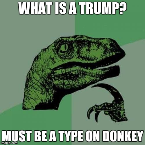 Philosoraptor Meme | WHAT IS A TRUMP? MUST BE A TYPE ON DONKEY | image tagged in memes,philosoraptor | made w/ Imgflip meme maker