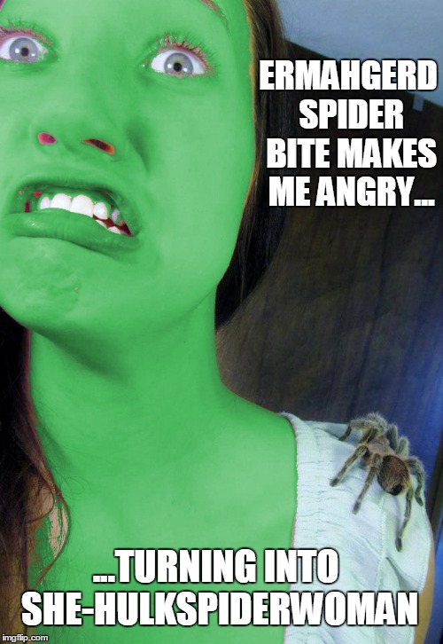 ERMAHGERD SPIDER BITE MAKES ME ANGRY... ...TURNING INTO; SHE-HULKSPIDERWOMAN | image tagged in spiderman,hulk | made w/ Imgflip meme maker