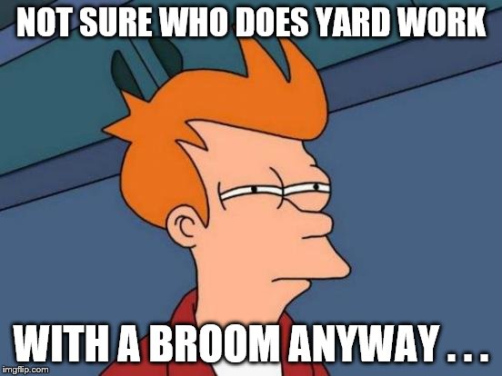 Futurama Fry Meme | NOT SURE WHO DOES YARD WORK WITH A BROOM ANYWAY . . . | image tagged in memes,futurama fry | made w/ Imgflip meme maker
