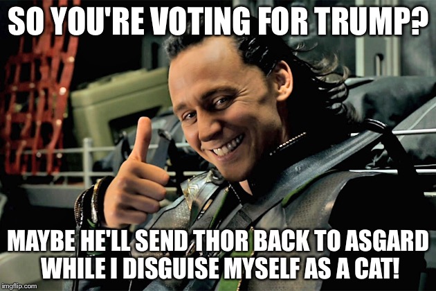 loki | SO YOU'RE VOTING FOR TRUMP? MAYBE HE'LL SEND THOR BACK TO ASGARD WHILE I DISGUISE MYSELF AS A CAT! | image tagged in loki | made w/ Imgflip meme maker
