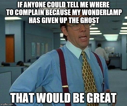 That Would Be Great Meme | IF ANYONE COULD TELL ME WHERE TO COMPLAIN BECAUSE MY WONDERLAMP HAS GIVEN UP THE GHOST; THAT WOULD BE GREAT | image tagged in memes,that would be great | made w/ Imgflip meme maker