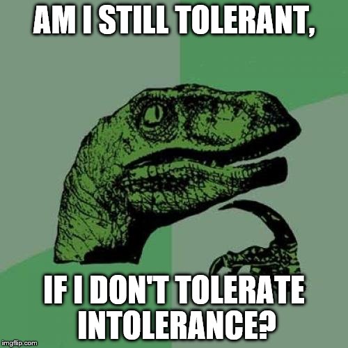 Philosoraptor Meme | AM I STILL TOLERANT, IF I DON'T TOLERATE INTOLERANCE? | image tagged in memes,philosoraptor | made w/ Imgflip meme maker