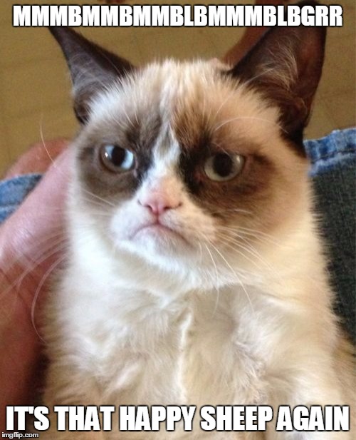 Grumpy Cat Meme | MMMBMMBMMBLBMMMBLBGRR IT'S THAT HAPPY SHEEP AGAIN | image tagged in memes,grumpy cat | made w/ Imgflip meme maker