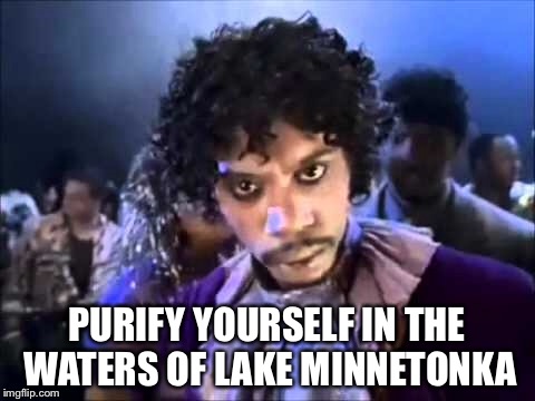Depressed about Prince? | PURIFY YOURSELF IN THE WATERS OF LAKE MINNETONKA | image tagged in prince,purple rain,rip prince | made w/ Imgflip meme maker