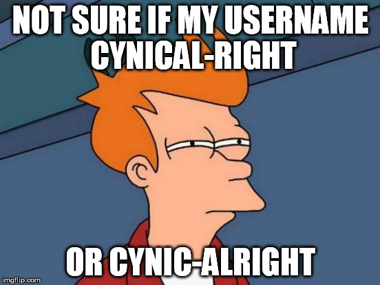 Futurama Fry Meme | NOT SURE IF MY USERNAME CYNICAL-RIGHT; OR CYNIC-ALRIGHT | image tagged in memes,futurama fry | made w/ Imgflip meme maker