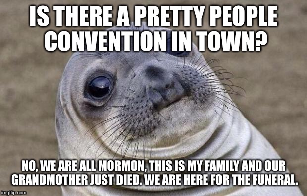 Awkward Moment Sealion Meme | IS THERE A PRETTY PEOPLE CONVENTION IN TOWN? NO, WE ARE ALL MORMON, THIS IS MY FAMILY AND OUR GRANDMOTHER JUST DIED. WE ARE HERE FOR THE FUNERAL. | image tagged in memes,awkward moment sealion,AdviceAnimals | made w/ Imgflip meme maker