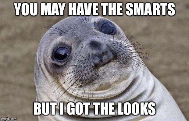 Awkward Moment Sealion Meme | YOU MAY HAVE THE SMARTS; BUT I GOT THE LOOKS | image tagged in memes,awkward moment sealion | made w/ Imgflip meme maker