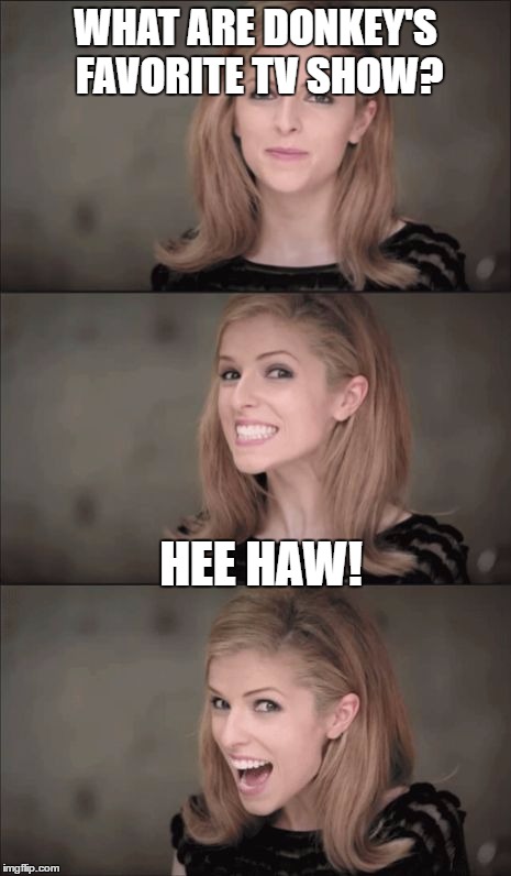 Bad Pun Anna Kendrick Meme | WHAT ARE DONKEY'S FAVORITE TV SHOW? HEE HAW! | image tagged in memes,bad pun anna kendrick | made w/ Imgflip meme maker
