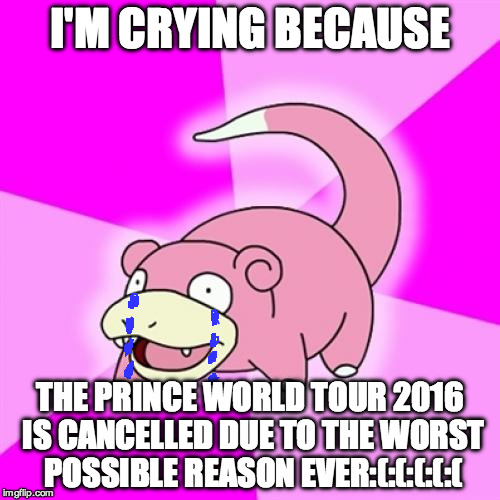 TOO SOON!!! | I'M CRYING BECAUSE; THE PRINCE WORLD TOUR 2016 IS CANCELLED DUE TO THE WORST POSSIBLE REASON EVER:(:(:(:(:( | image tagged in memes,slowpoke | made w/ Imgflip meme maker