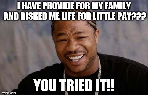 Yo Dawg Heard You Meme | I HAVE PROVIDE FOR MY FAMILY AND RISKED ME LIFE FOR LITTLE PAY??? YOU TRIED IT!! | image tagged in memes,yo dawg heard you | made w/ Imgflip meme maker