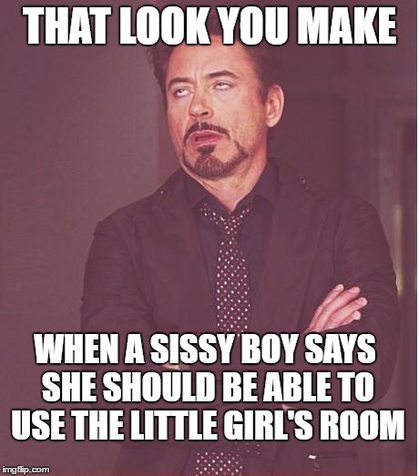 Bathroom Blues | THAT LOOK YOU MAKE; WHEN A SISSY BOY SAYS SHE SHOULD BE ABLE TO USE THE LITTLE GIRL'S ROOM | image tagged in memes,face you make robert downey jr | made w/ Imgflip meme maker