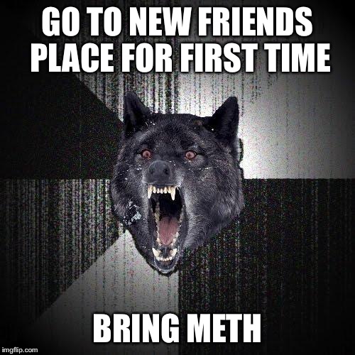 Insanity Wolf | GO TO NEW FRIENDS PLACE FOR FIRST TIME; BRING METH | image tagged in memes,insanity wolf,AdviceAnimals | made w/ Imgflip meme maker