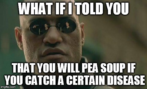 Matrix Morpheus Meme | WHAT IF I TOLD YOU THAT YOU WILL PEA SOUP IF YOU CATCH A CERTAIN DISEASE | image tagged in memes,matrix morpheus | made w/ Imgflip meme maker